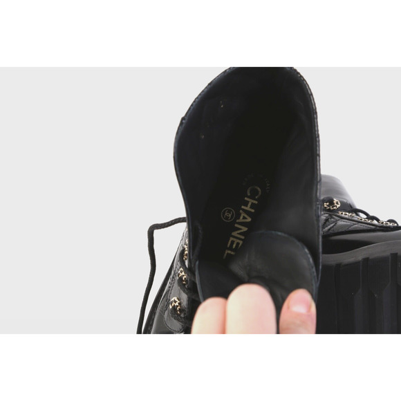 CHANEL Black Logo Quilted Patent Leather Combat Ankle Boots Booties Size 36 - Picture 7 of 14